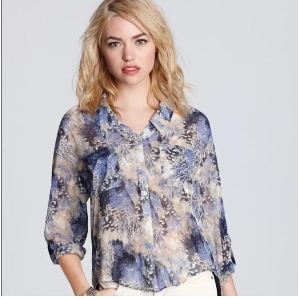 Free People Easy Rider Blouse Button Up Sheer Chiffon Top Shirt Size M - Picture 1 of 8